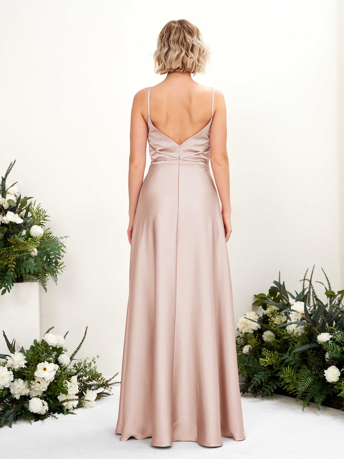 Carlyna Vestido Línea A Hasta el Suelo Escote Drapeado Vestidos de Dama de Honor Rosa Perla #color_rosa-perla