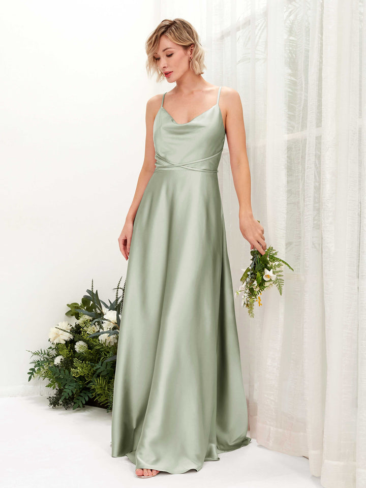 Carlyna Vestido Línea A Hasta el Suelo Escote Drapeado Vestidos de Dama de Honor Verde Salvia 