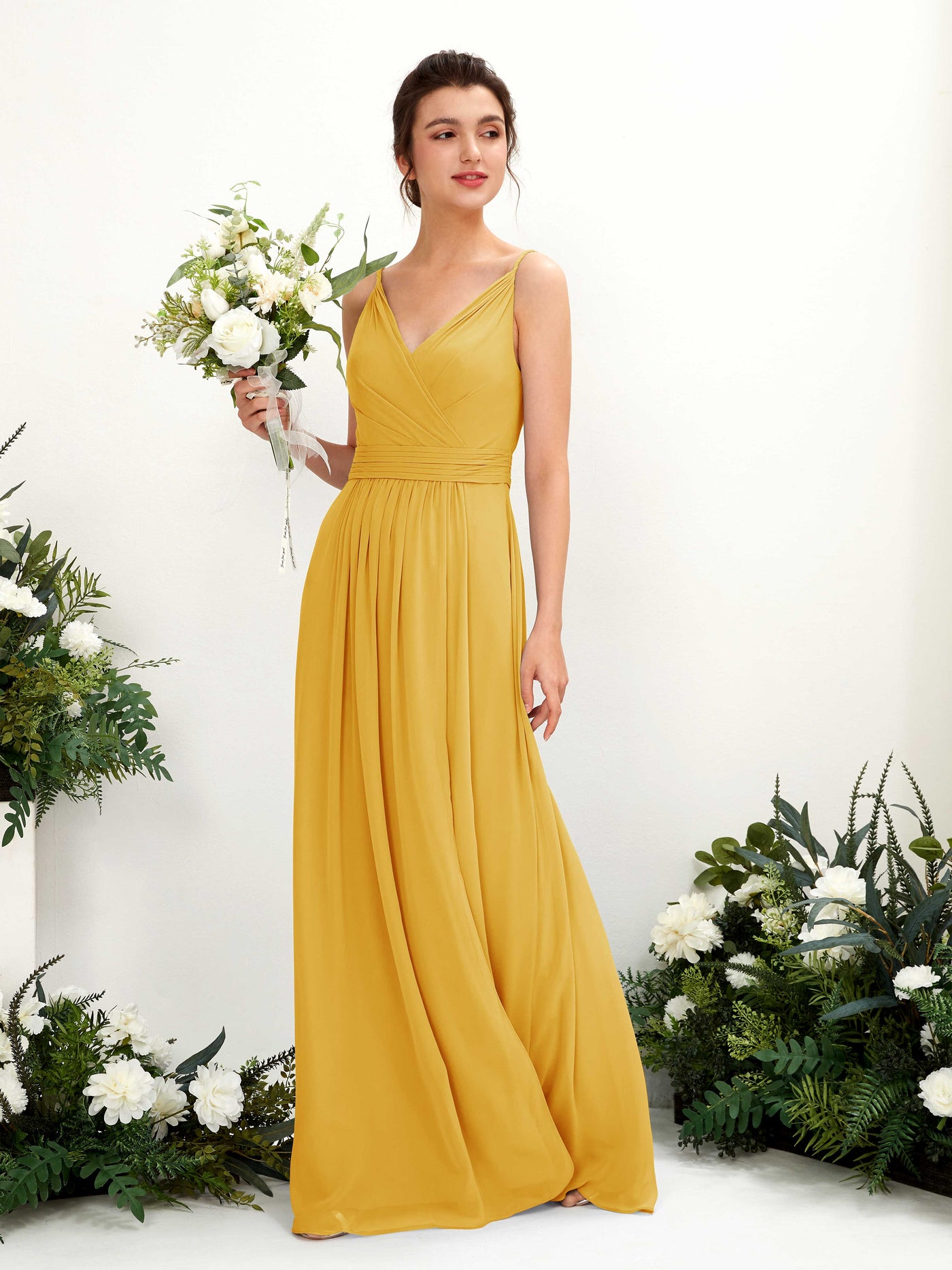 Carlyna Vestido Línea A Hasta el suelo Escote en V Gasa Amarillo Mostaza #color_amarillo-mostaza
