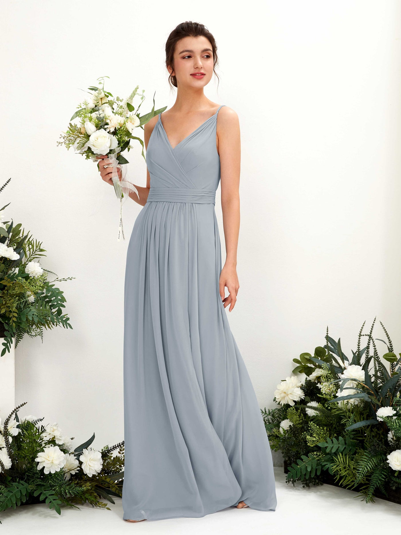 Carlyna Vestido Línea A Hasta el suelo Escote en V Gasa Azul Empolvado Mejorado #color_azul-empolvado-mejorado