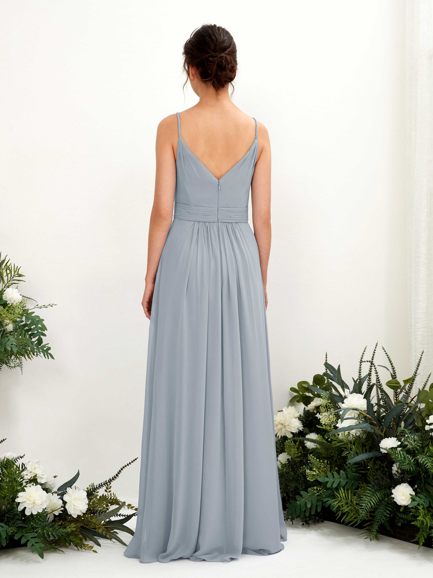 Carlyna Vestido Línea A Hasta el suelo Escote en V Gasa Azul Empolvado Mejorado #color_azul-empolvado-mejorado