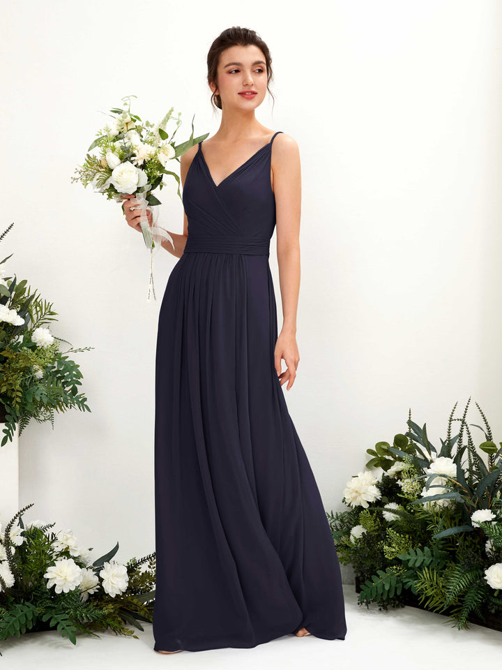 Carlyna Vestido Línea A Hasta el suelo Escote en V Gasa Azul Marino Oscuro 