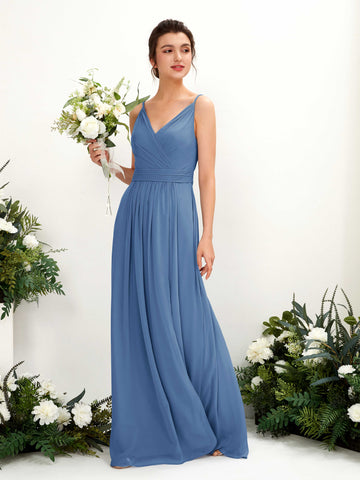 Carlyna Vestido Línea A Hasta el suelo Escote en V Gasa Azul polvoriento #color_azul-polvoriento