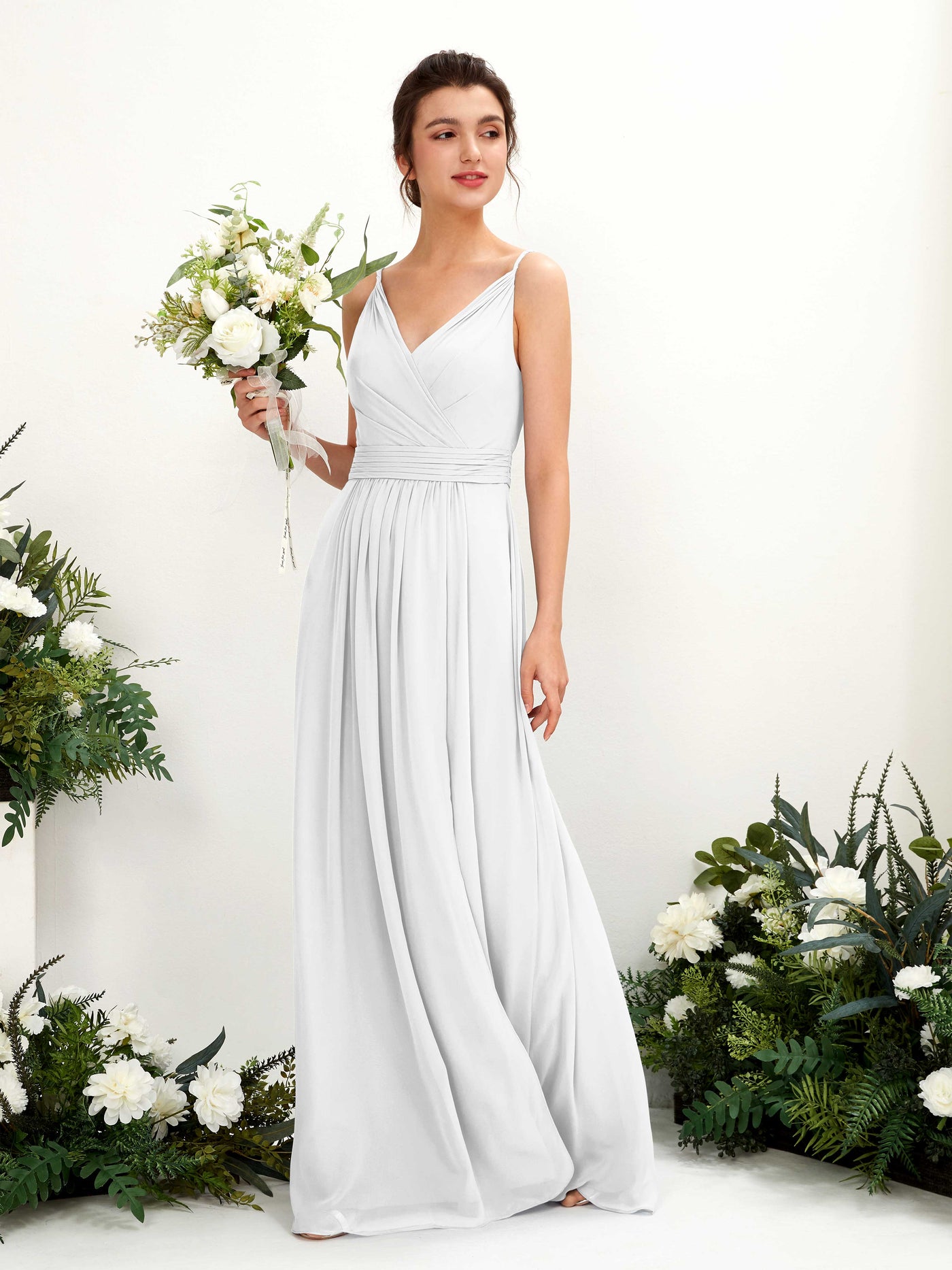 Carlyna Vestido Línea A Hasta el suelo Escote en V Gasa Blanco #color_blanco