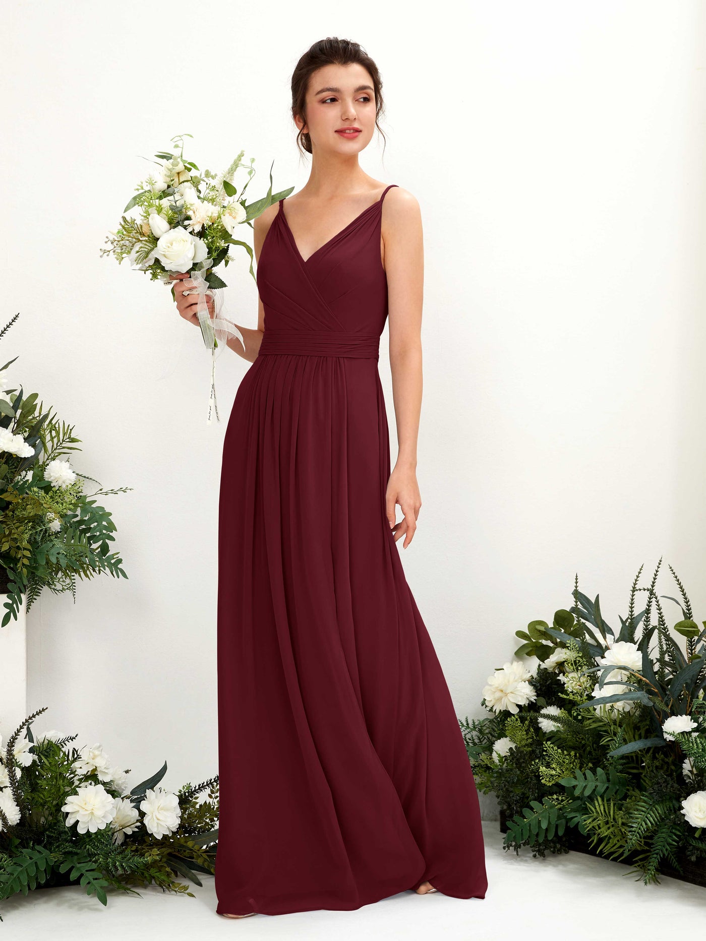 Carlyna Vestido Línea A Hasta el suelo Escote en V Gasa Borgoña #color_borgo-a
