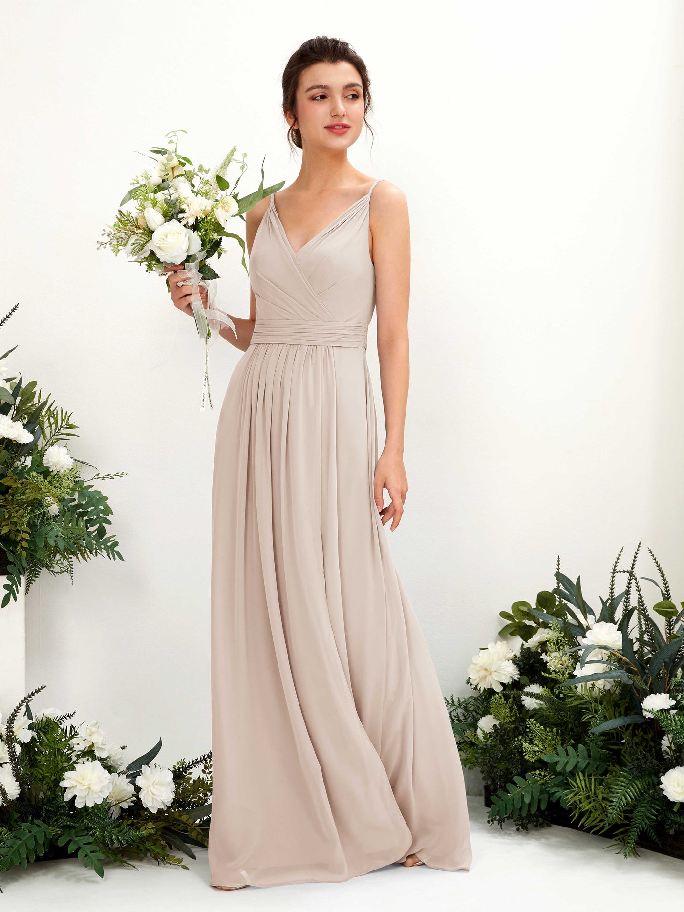 Carlyna Vestido Línea A Hasta el suelo Escote en V Gasa Champán #color_champ-n