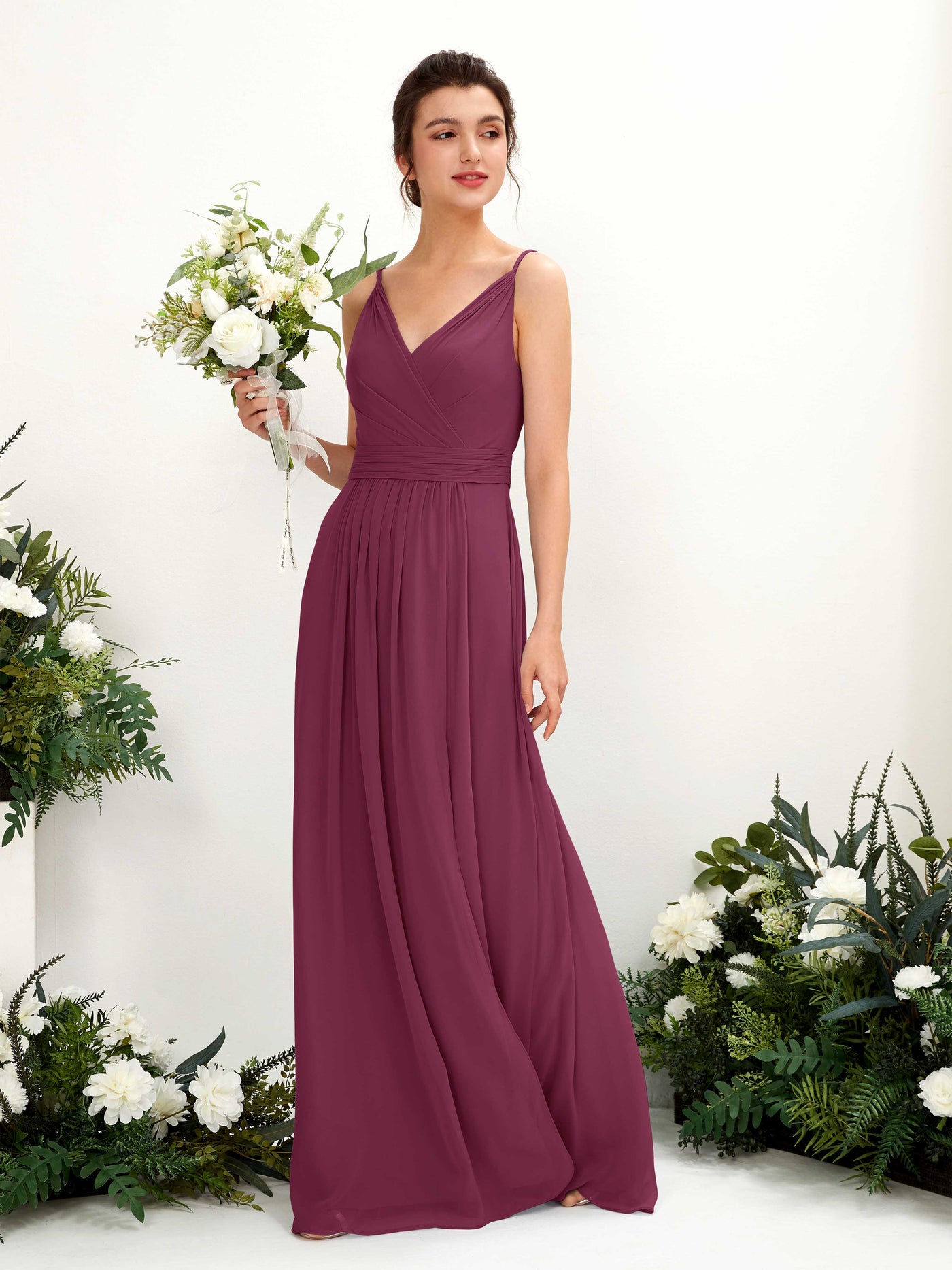 Carlyna Vestido Línea A Hasta el suelo Escote en V Gasa Chianti #color_chianti