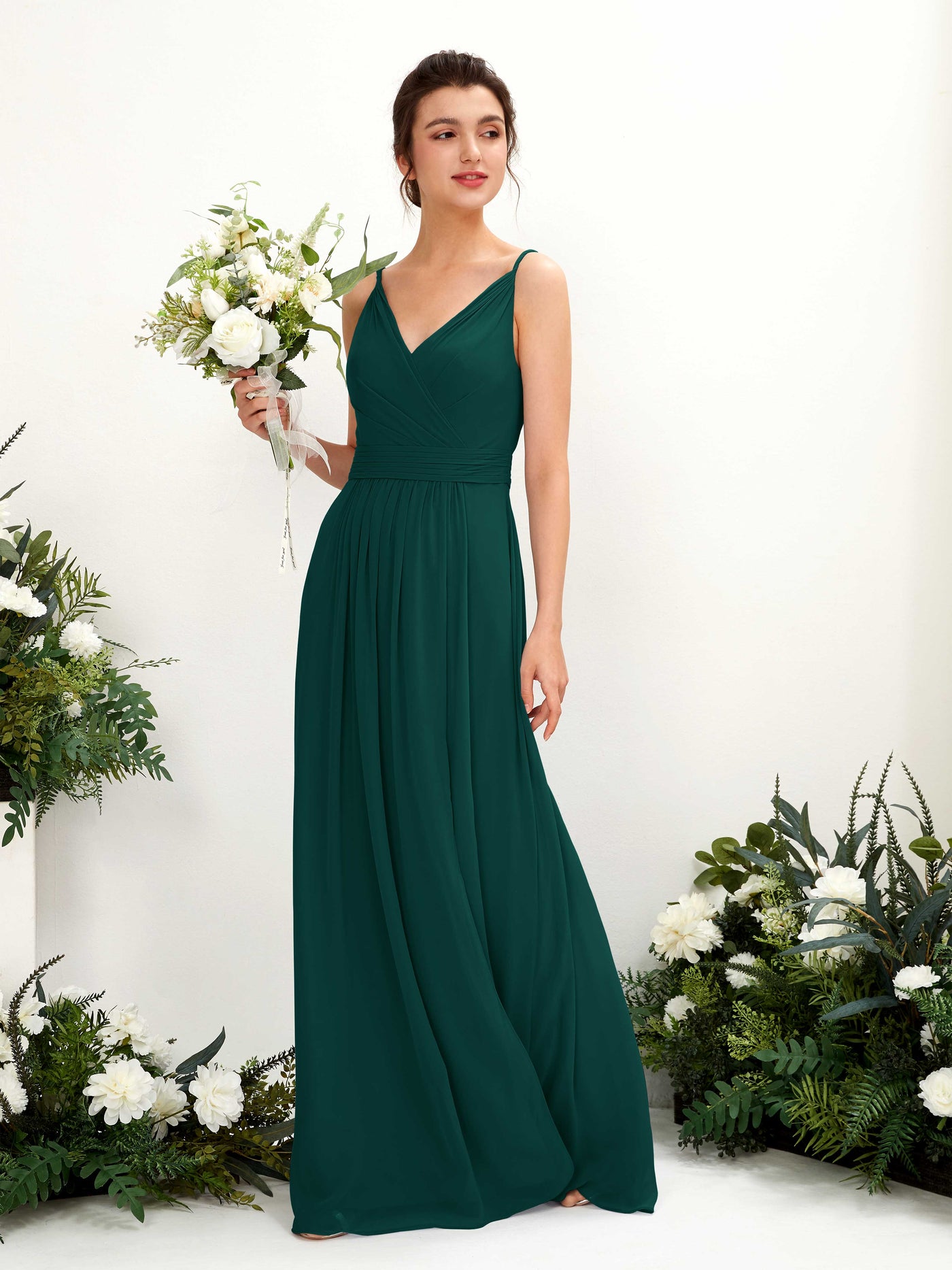 Carlyna Vestido Línea A Hasta el suelo Escote en V Gasa Esmeralda Oscuro #color_esmeralda-oscuro