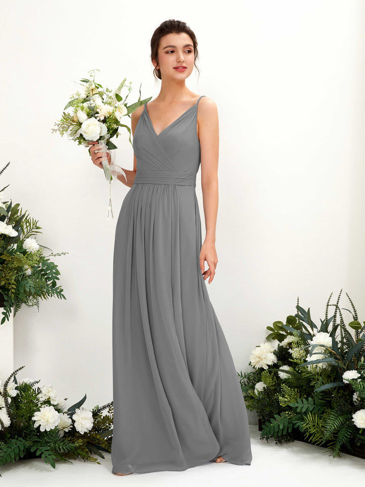 Carlyna Vestido Línea A Hasta el suelo Escote en V Gasa Gris Acero 