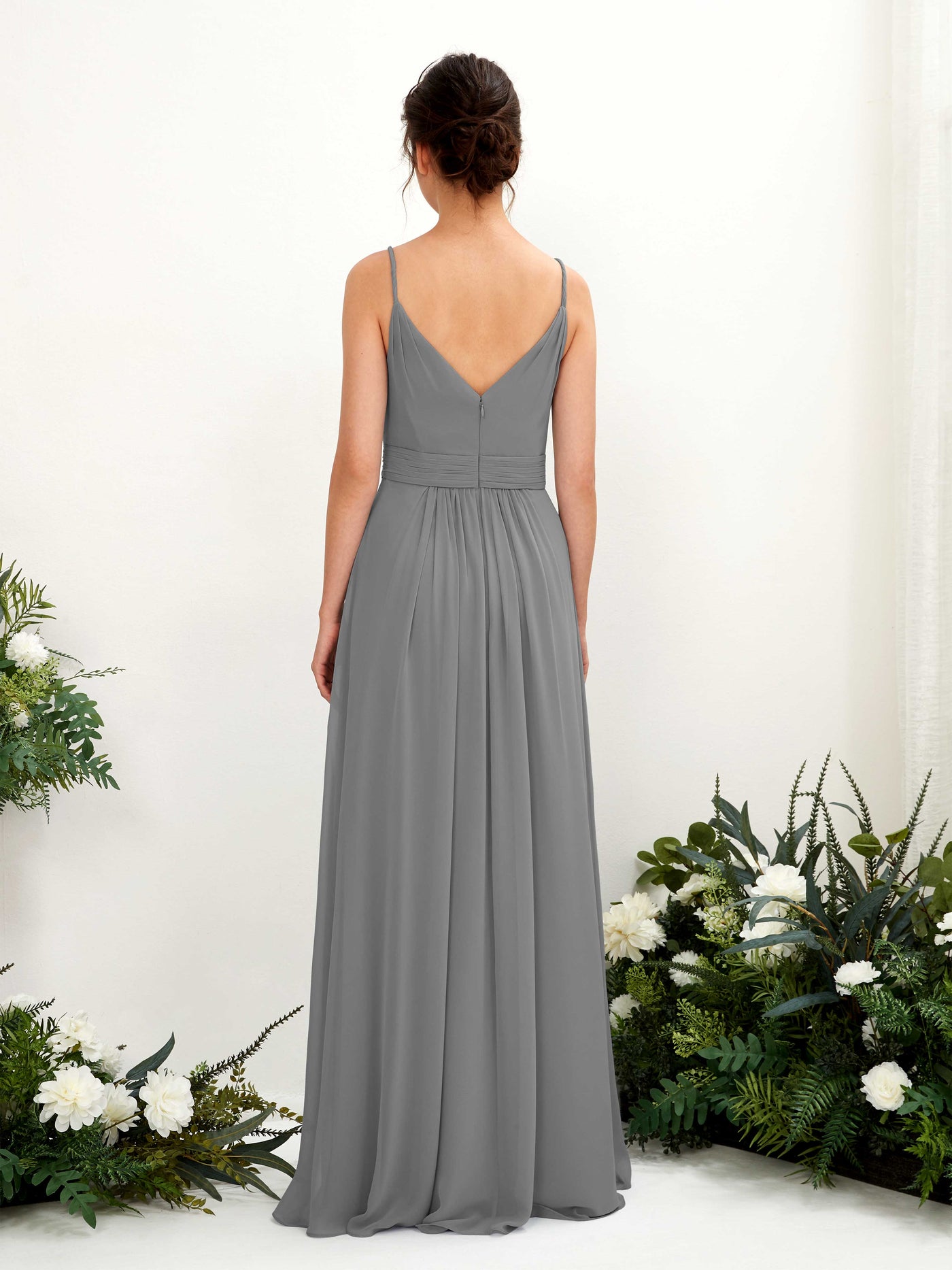 Carlyna Vestido Línea A Hasta el suelo Escote en V Gasa Gris Acero #color_gris-acero