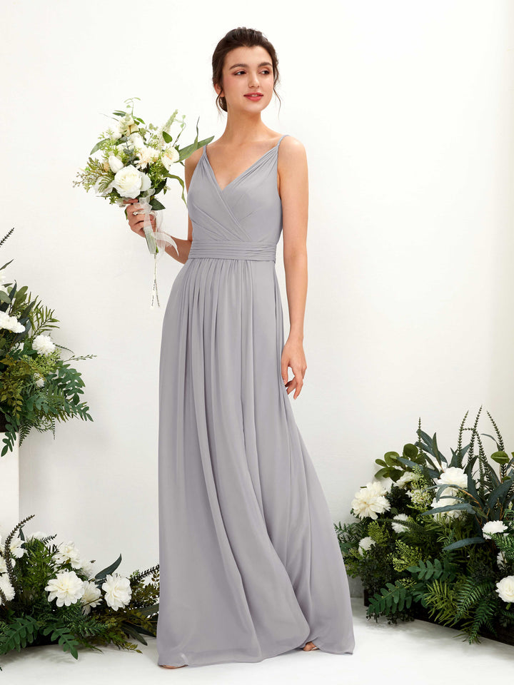 Carlyna Vestido Línea A Hasta el suelo Escote en V Gasa Gris Paloma 