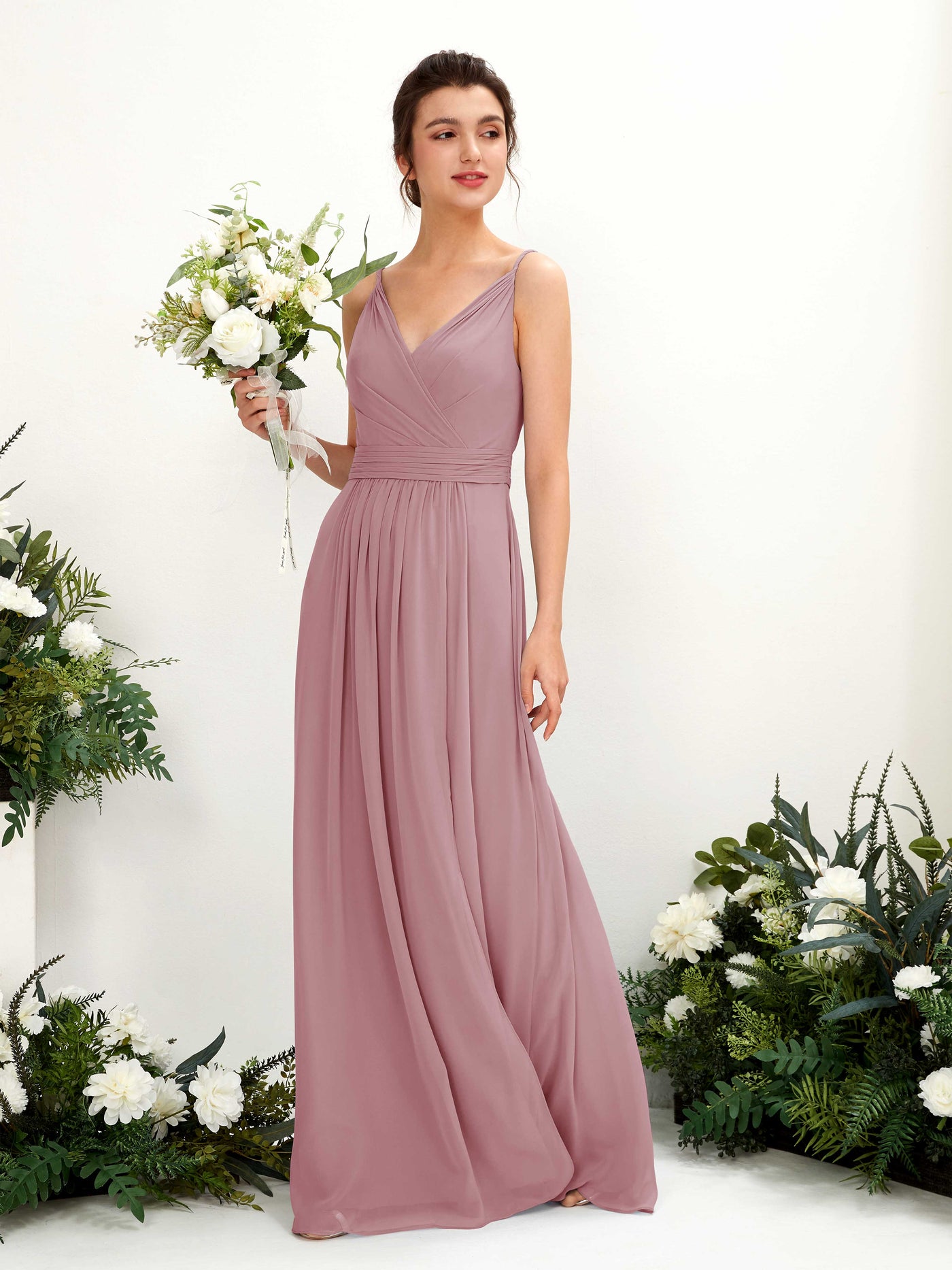 Carlyna Vestido Línea A Hasta el suelo Escote en V Gasa Malva Clásico #color_malva-cl-sico