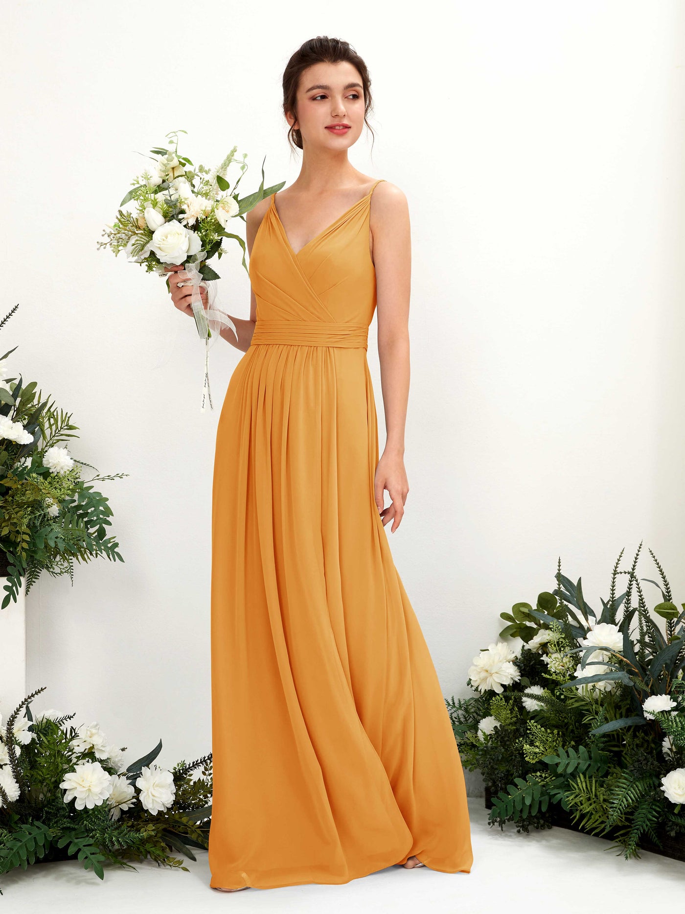 Carlyna Vestido Línea A Hasta el suelo Escote en V Gasa Mango #color_mango