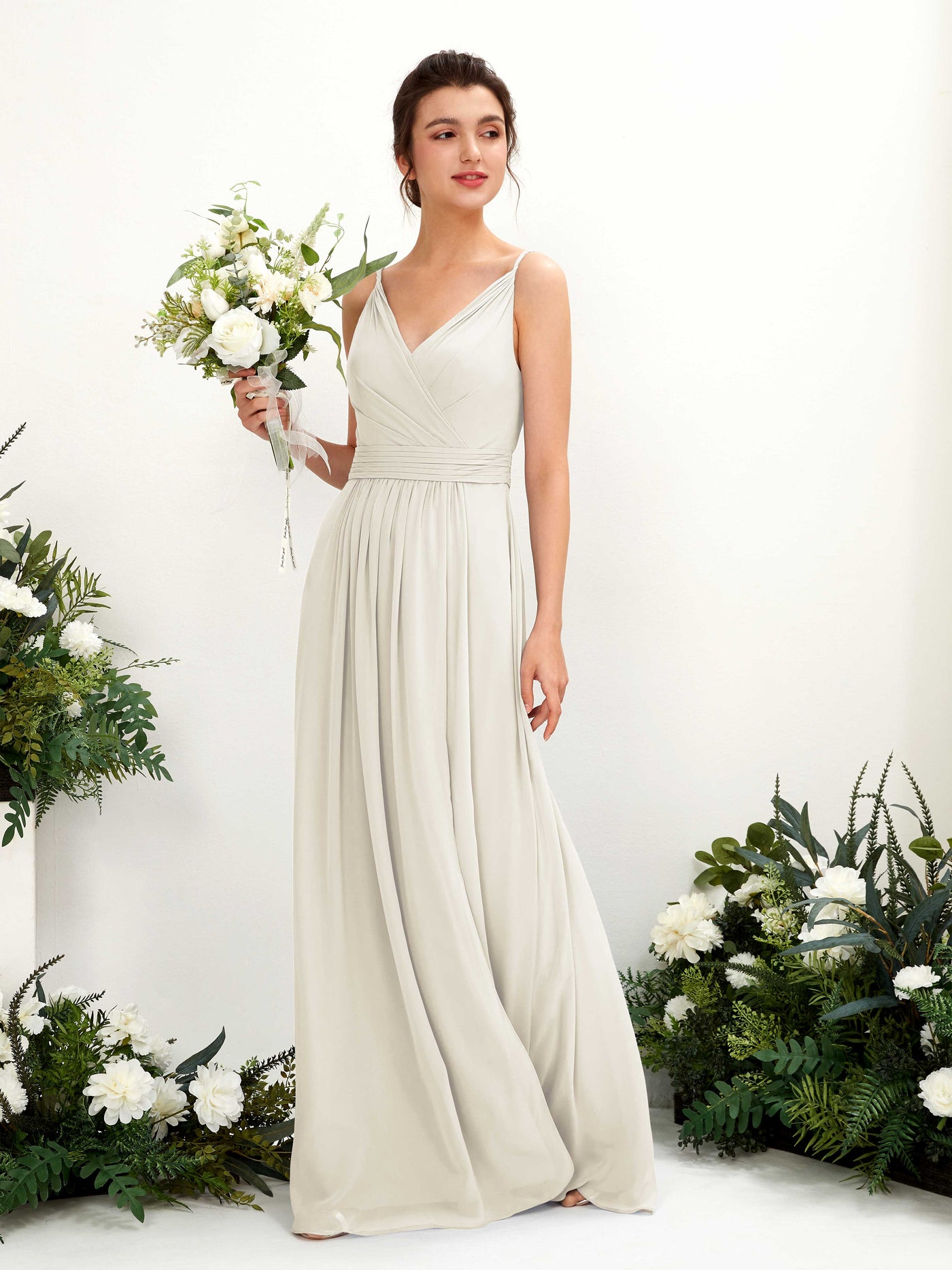 Carlyna Vestido Línea A Hasta el suelo Escote en V Gasa Marfil #color_marfil