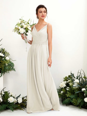 Carlyna Vestido Línea A Hasta el suelo Escote en V Gasa Marfil #color_marfil