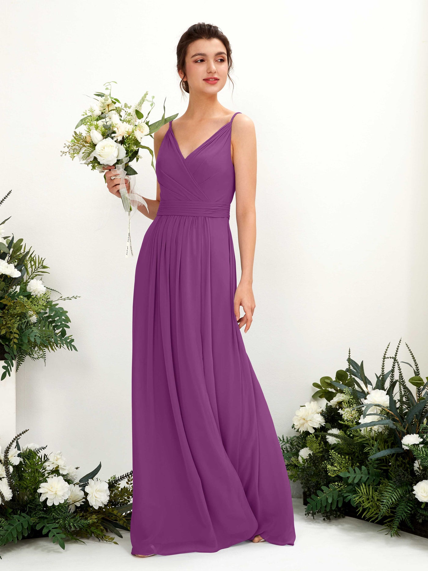 Carlyna Vestido Línea A Hasta el suelo Escote en V Gasa Púrpura #color_p-rpura