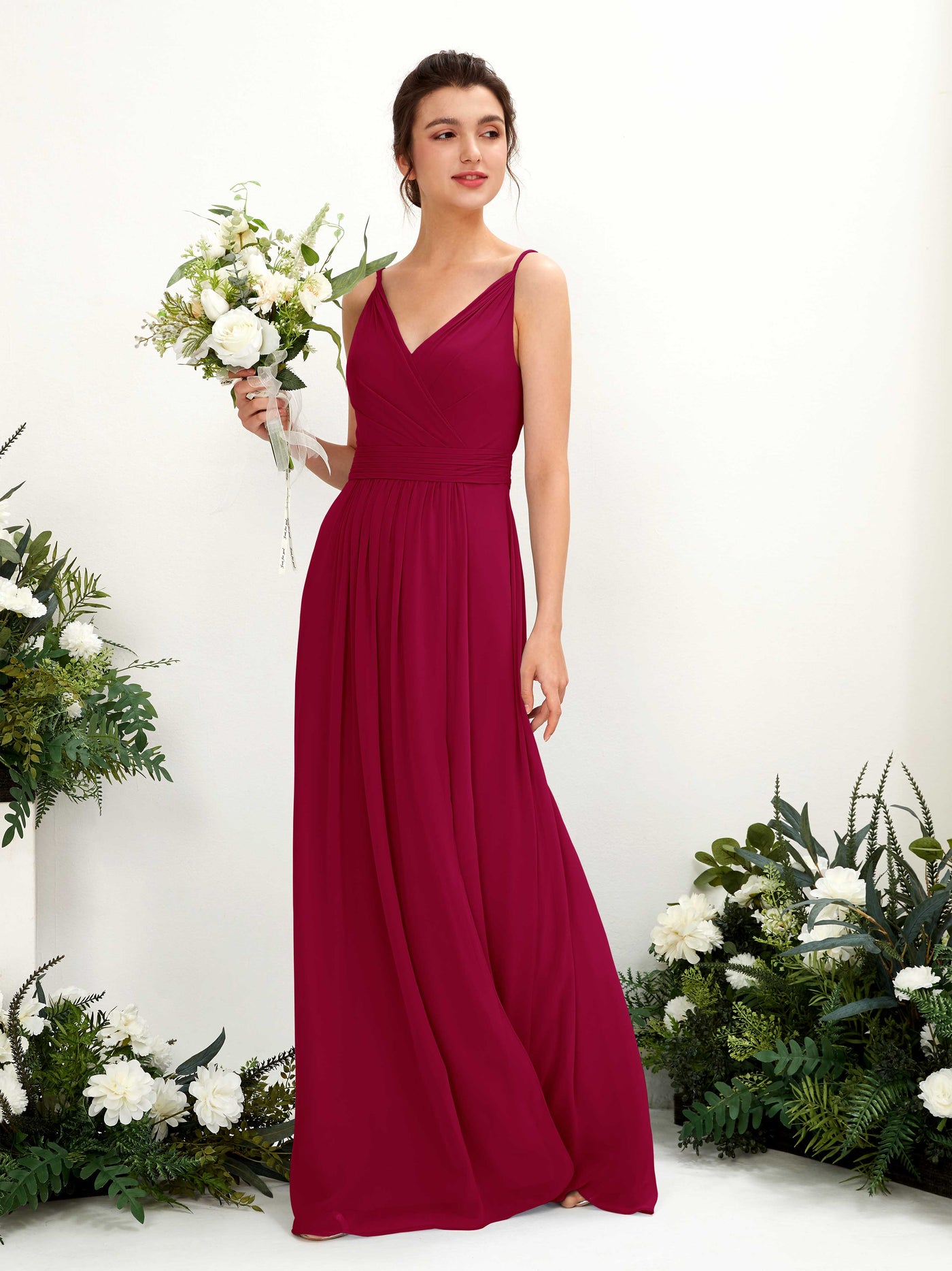 Carlyna Vestido Línea A Hasta el suelo Escote en V Gasa Rojo Bufón #color_rojo-buf-n