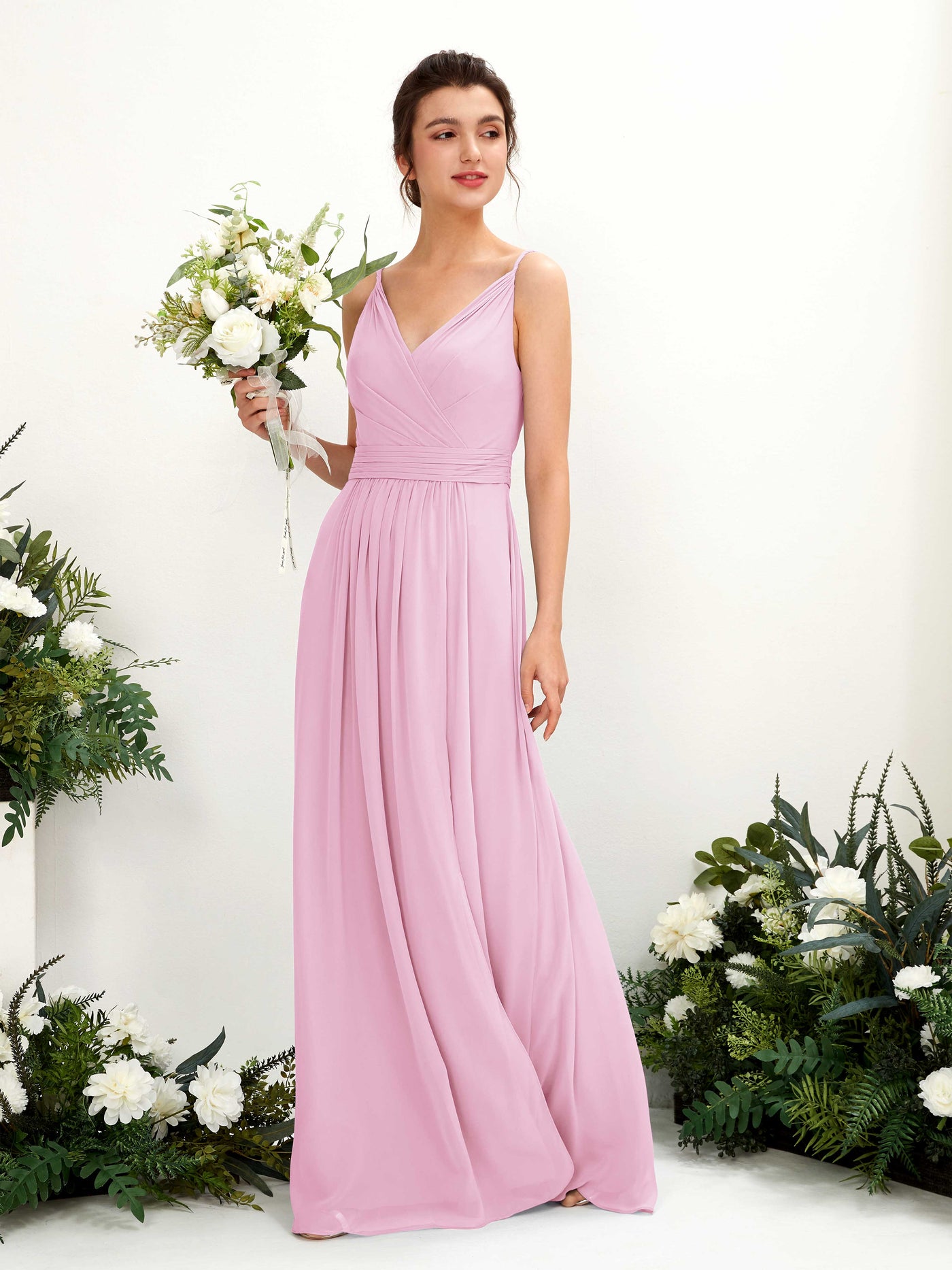 Carlyna Vestido Línea A Hasta el suelo Escote en V Gasa Rosa Caramelo #color_rosa-caramelo