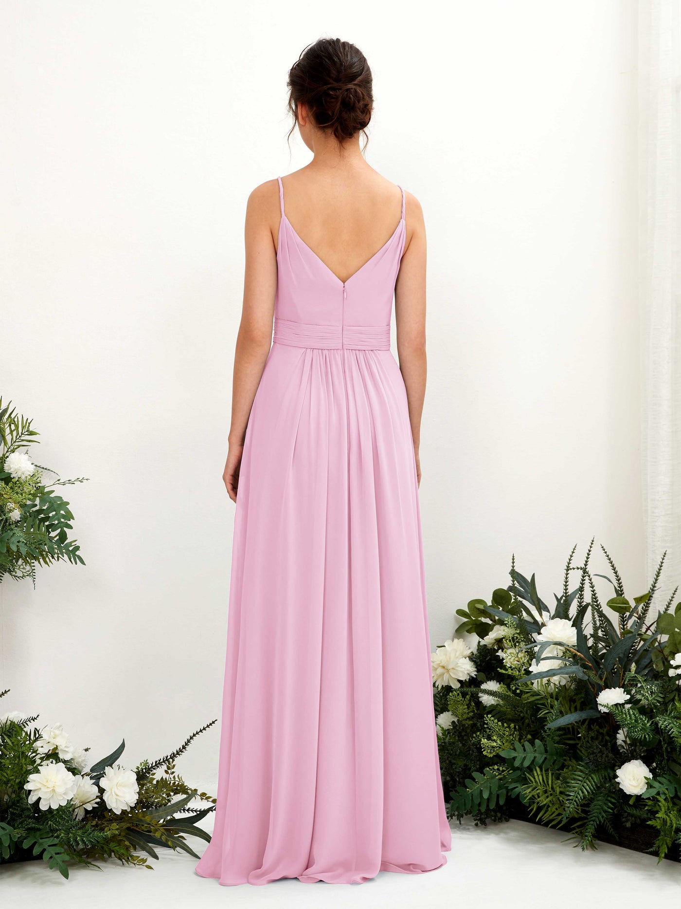 Carlyna Vestido Línea A Hasta el suelo Escote en V Gasa Rosa Caramelo #color_rosa-caramelo