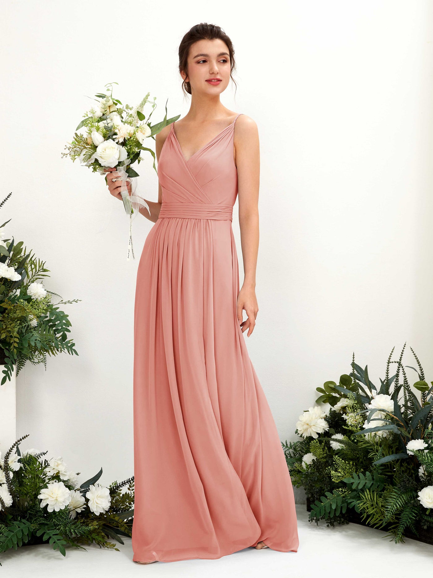 Carlyna Vestido Línea A Hasta el suelo Escote en V Gasa Rosa Champán #color_rosa-champ-n