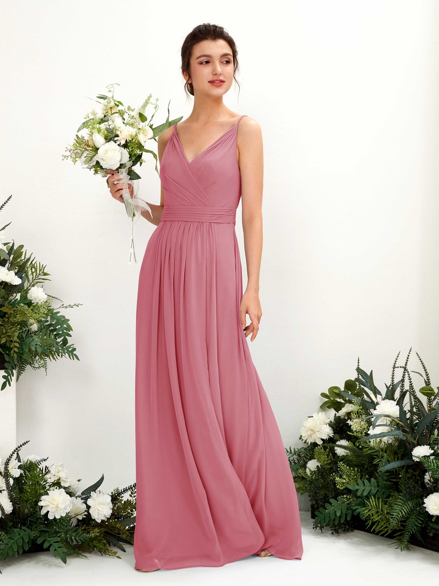 Carlyna Vestido Línea A Hasta el suelo Escote en V Gasa Rosa Del Desierto #color_rosa-del-desierto