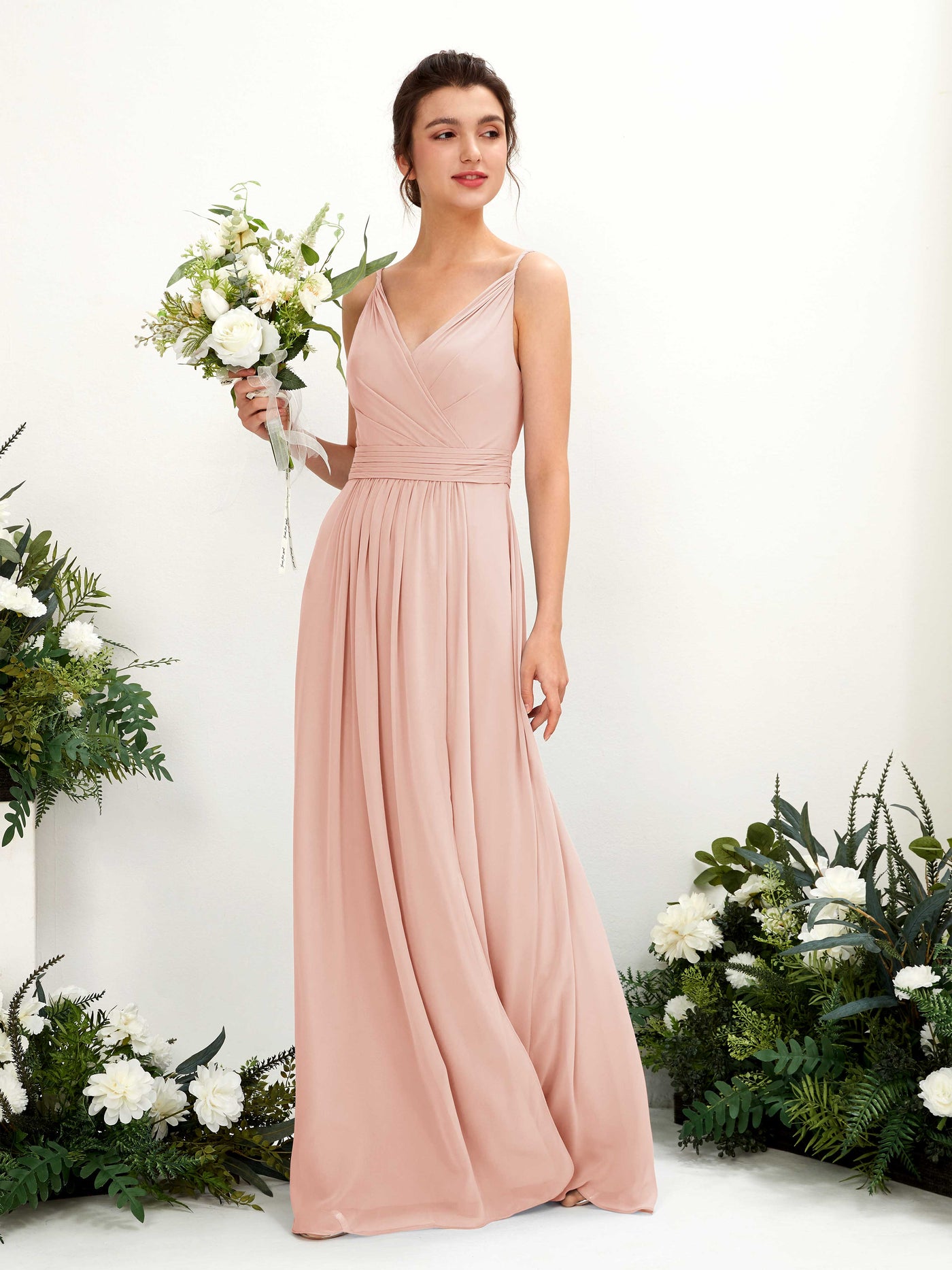 Carlyna Vestido Línea A Hasta el suelo Escote en V Gasa Rosa Perla #color_rosa-perla