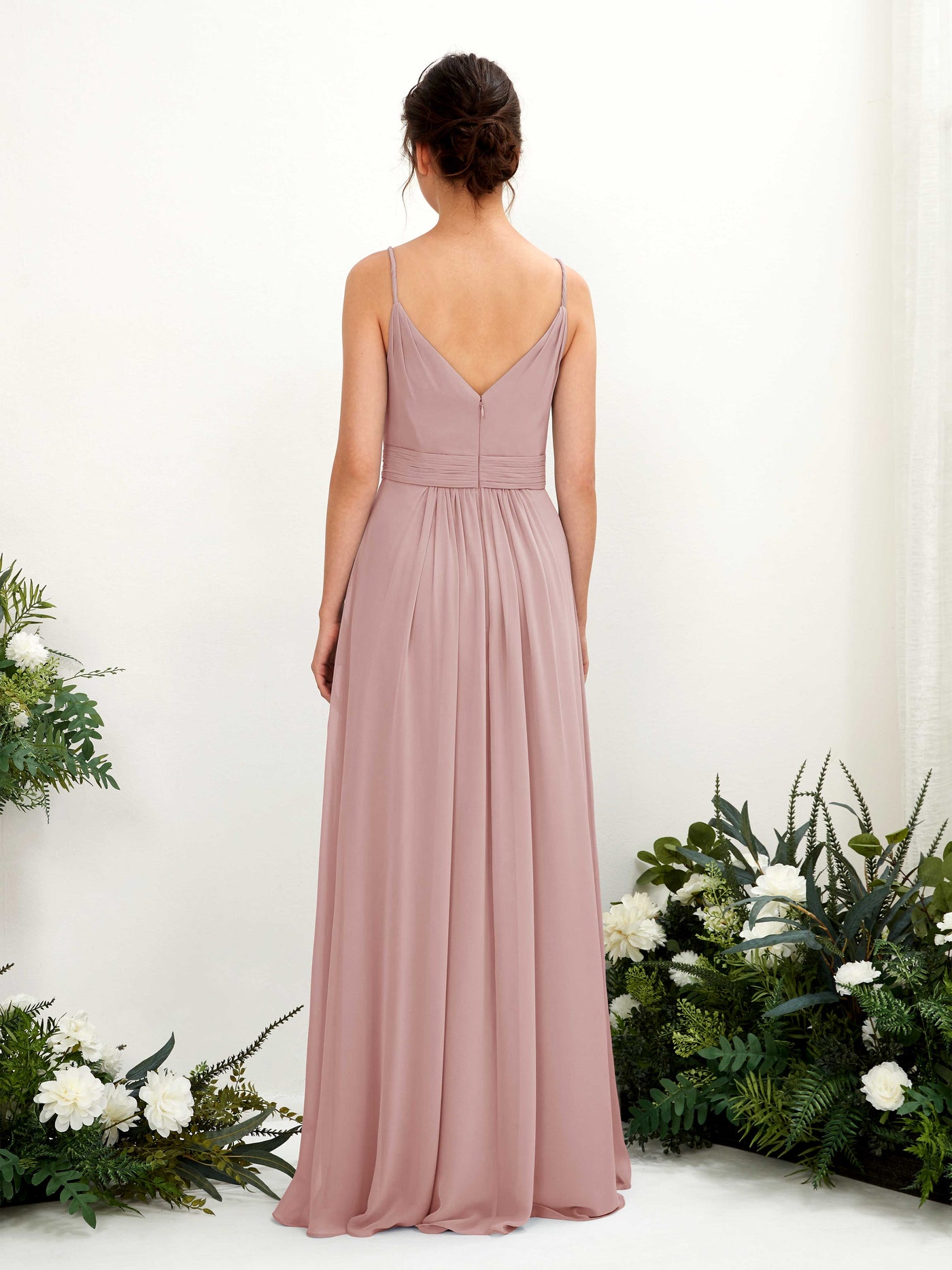 Carlyna Vestido Línea A Hasta el suelo Escote en V Gasa Rosa Polvorienta #color_rosa-polvorienta
