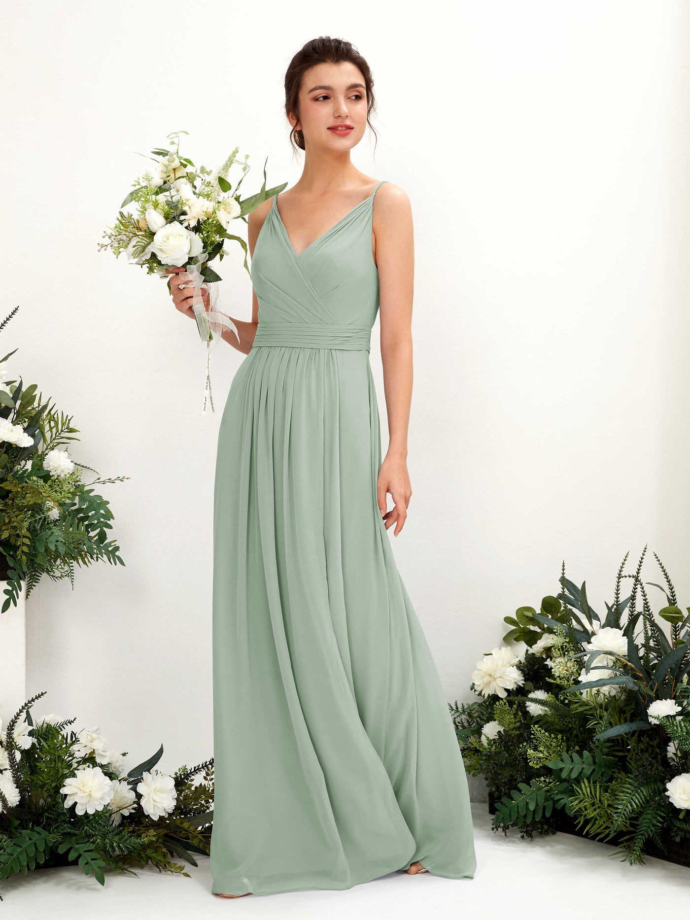 Carlyna Vestido Línea A Hasta el suelo Escote en V Gasa Verde Salvia #color_verde-salvia