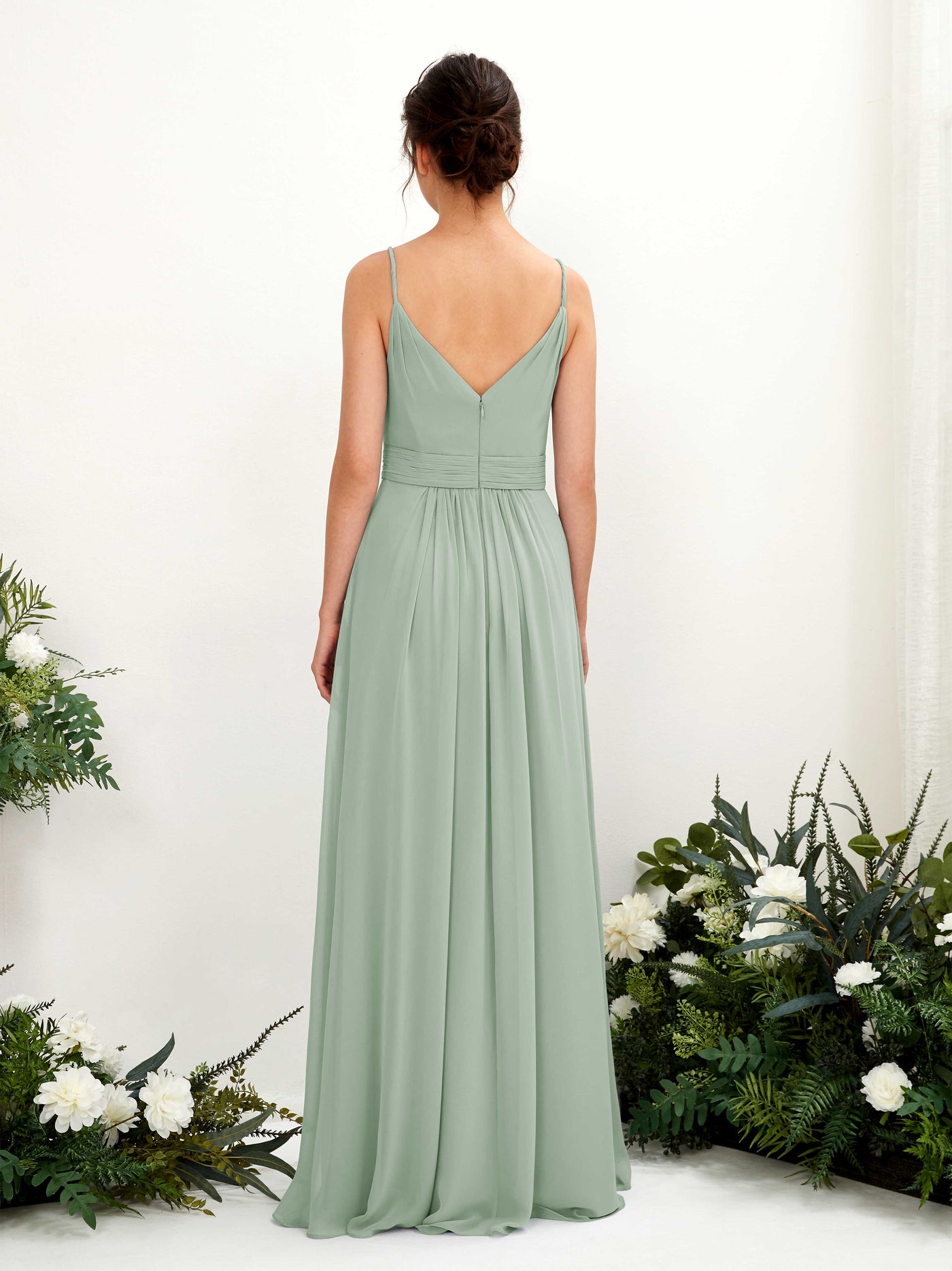 Carlyna Vestido Línea A Hasta el suelo Escote en V Gasa Verde Salvia #color_verde-salvia