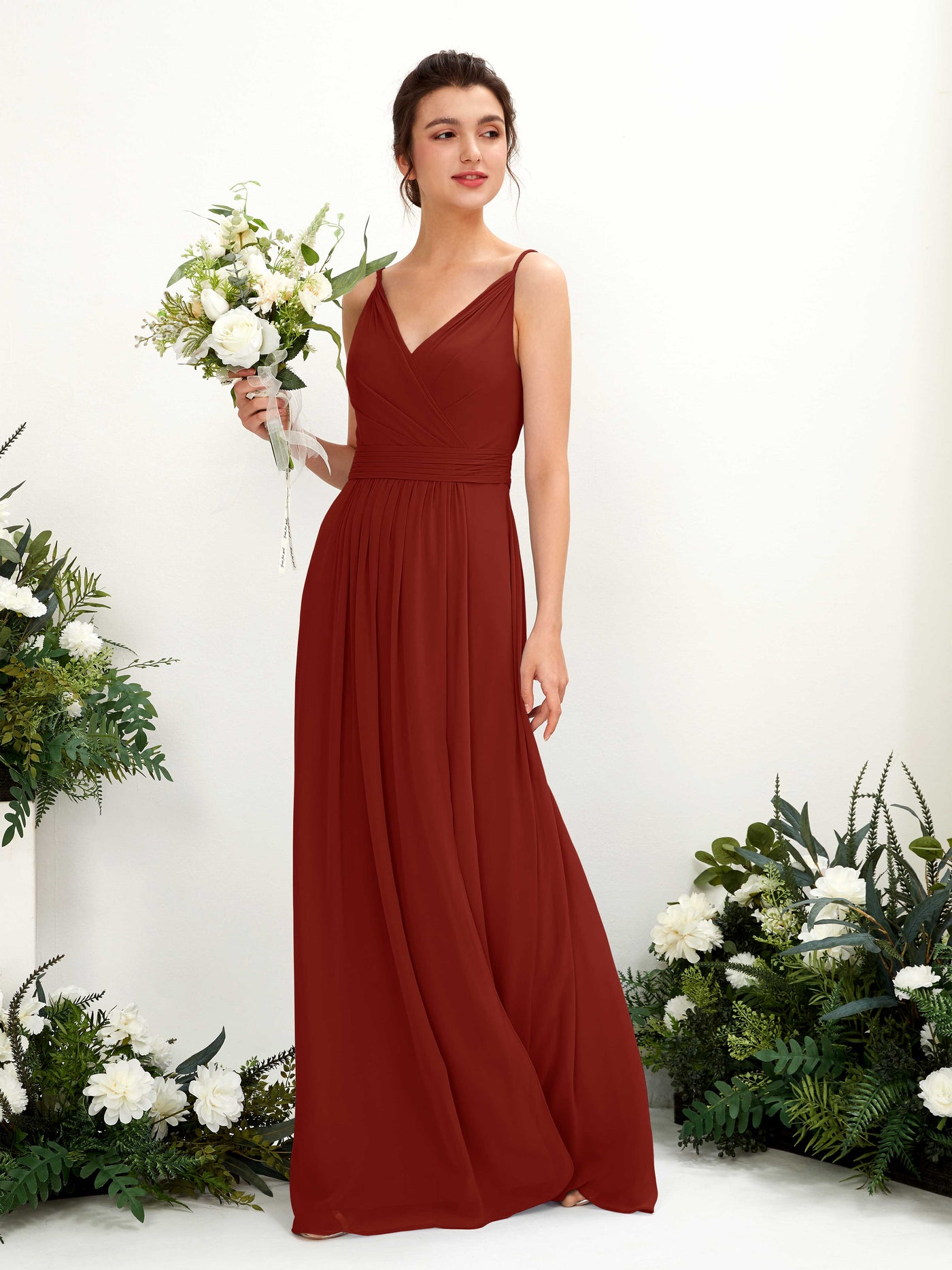 Carlyna Vestido Línea A Hasta el suelo Escote en V Gasa Óxido #color_xido