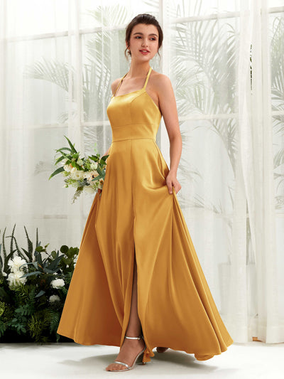 Carlyna Vestido Línea A Hasta el suelo Satén Cuello halter Dama de honor Amarillo Canario #color_amarillo-canario