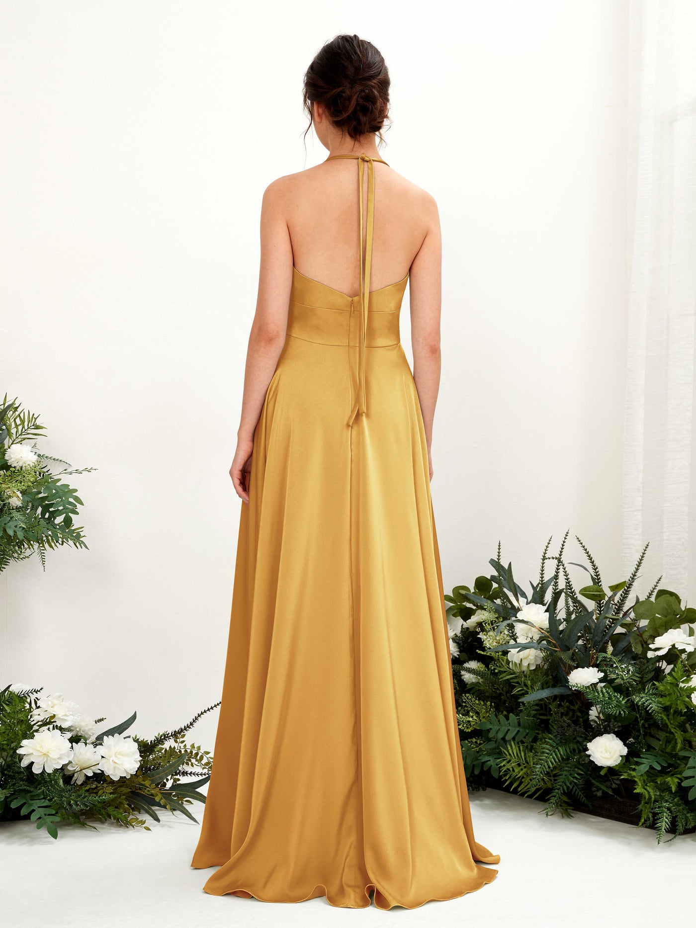Carlyna Vestido Línea A Hasta el suelo Satén Cuello halter Dama de honor Amarillo Canario #color_amarillo-canario