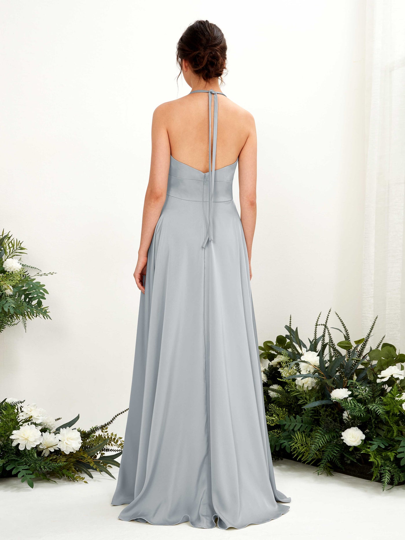 Carlyna Vestido Línea A Hasta el suelo Satén Cuello halter Dama de honor Azul Bebé #color_azul-beb