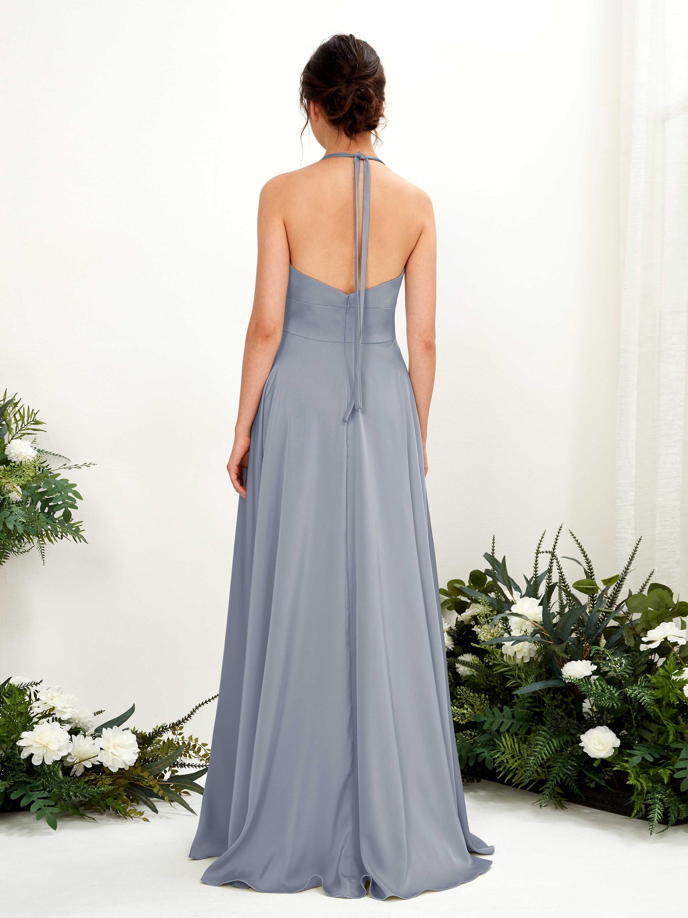 Carlyna Vestido Línea A Hasta el suelo Satén Cuello halter Dama de honor Azul Polvoriento #color_azul-polvoriento