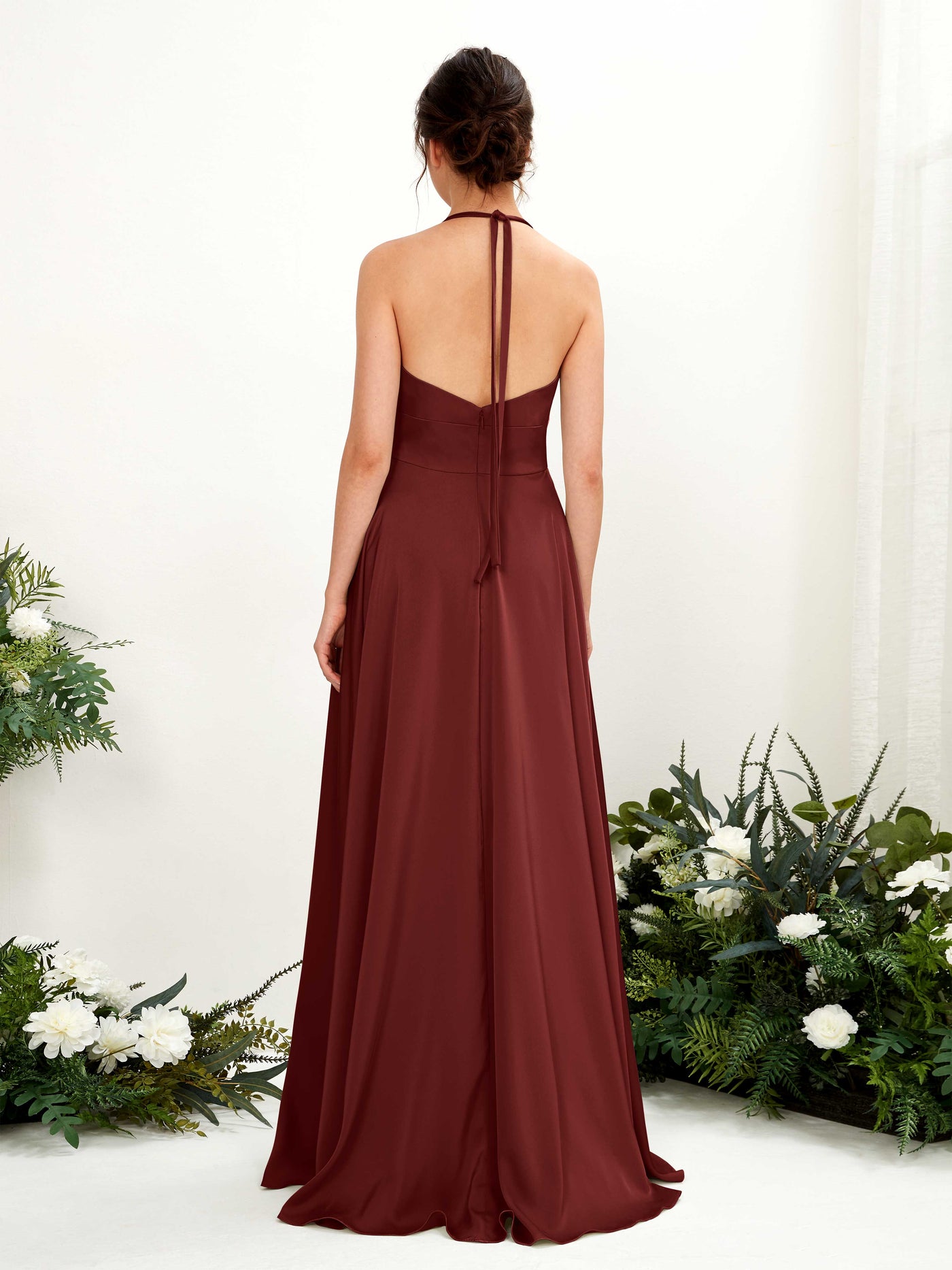 Carlyna Vestido Línea A Hasta el suelo Satén Cuello halter Dama de honor Borgoña #color_borgo-a