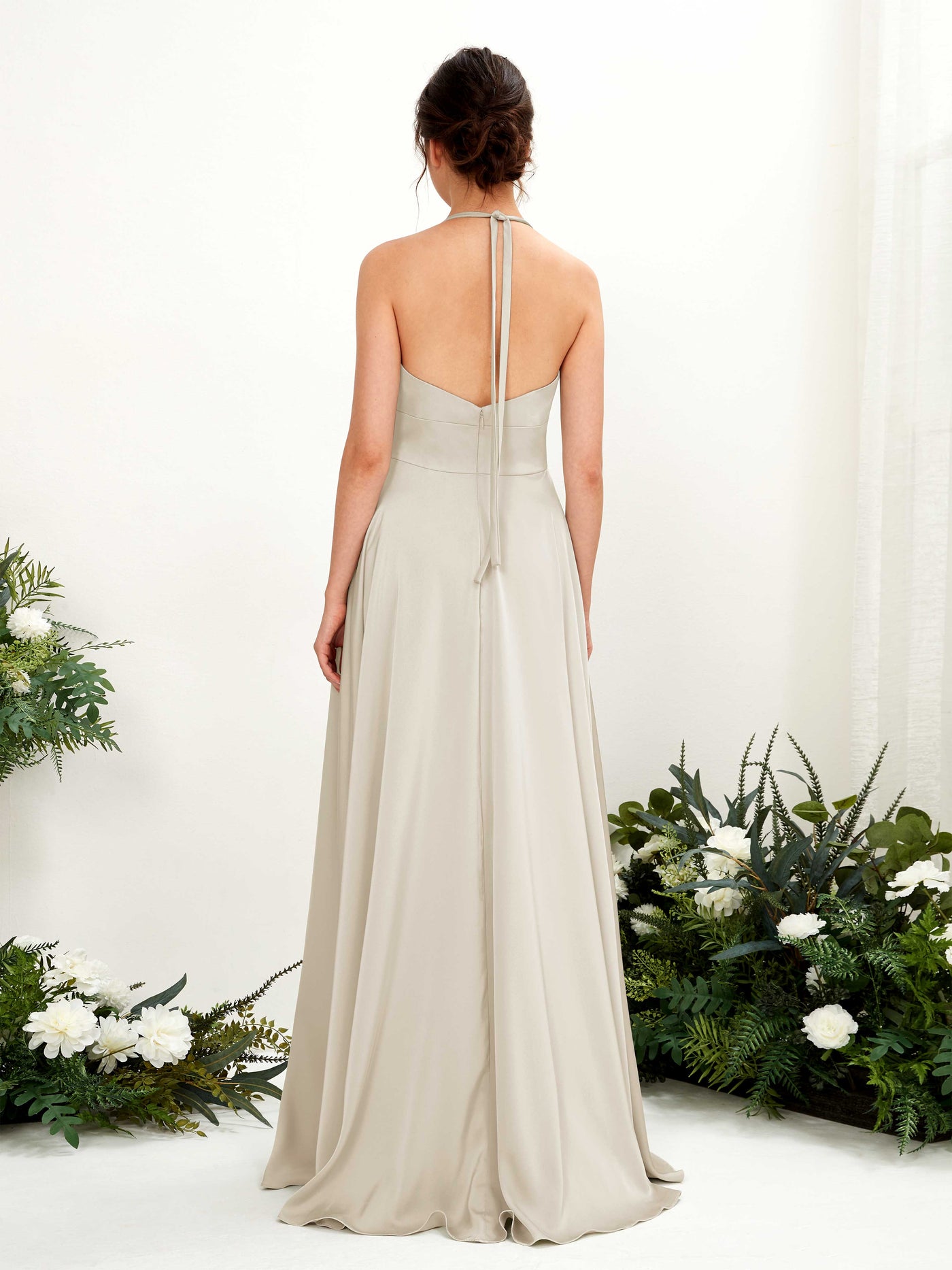 Carlyna Vestido Línea A Hasta el suelo Satén Cuello halter Dama de honor Champán #color_champ-n