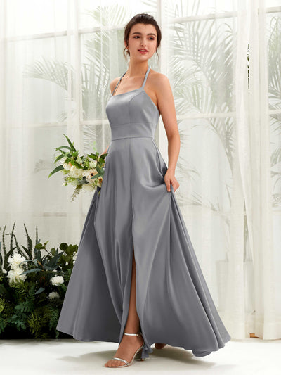 Carlyna Vestido Línea A Hasta el suelo Satén Cuello halter Dama de honor Gris Acero #color_gris-acero