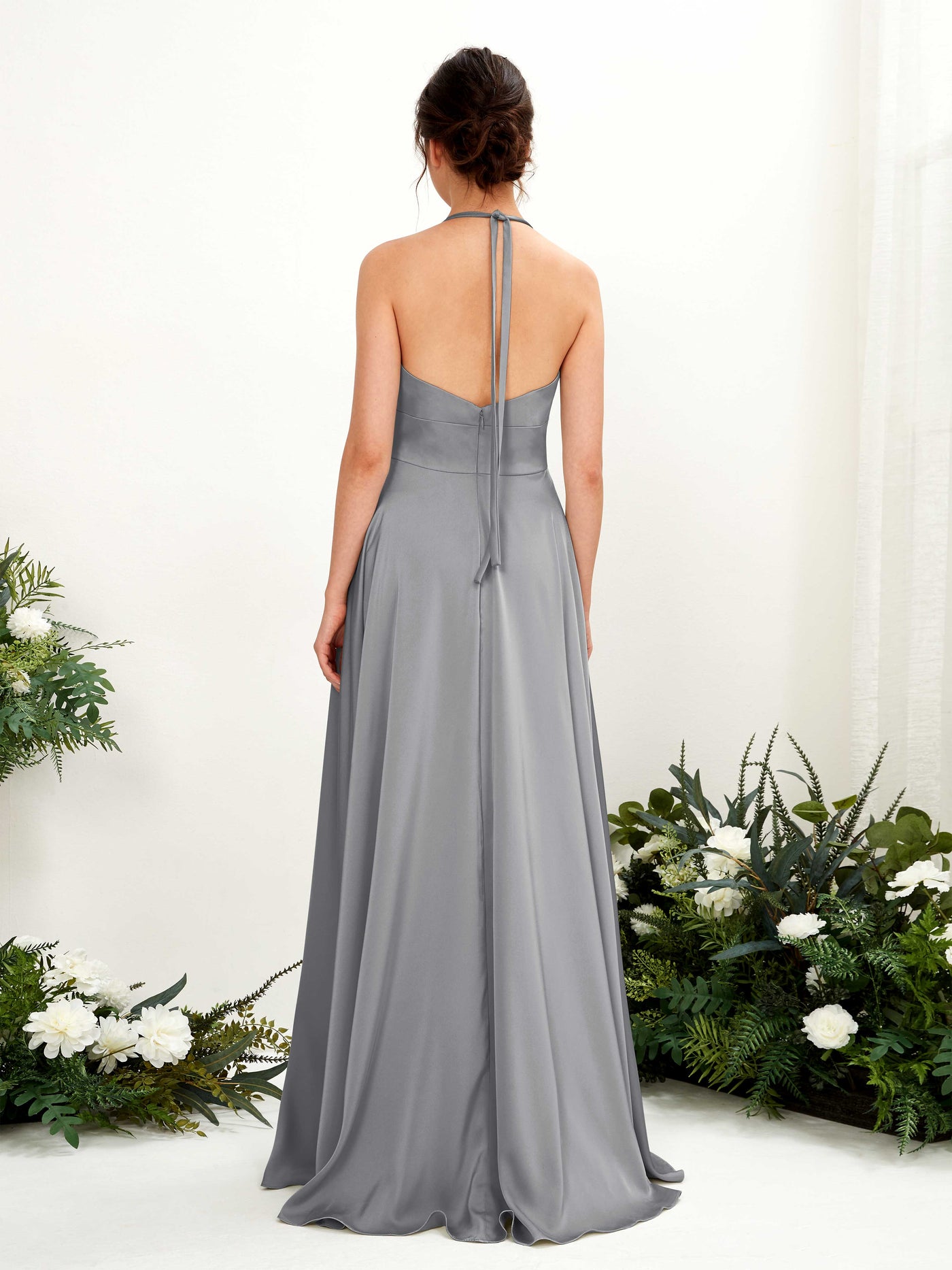 Carlyna Vestido Línea A Hasta el suelo Satén Cuello halter Dama de honor Gris Acero #color_gris-acero