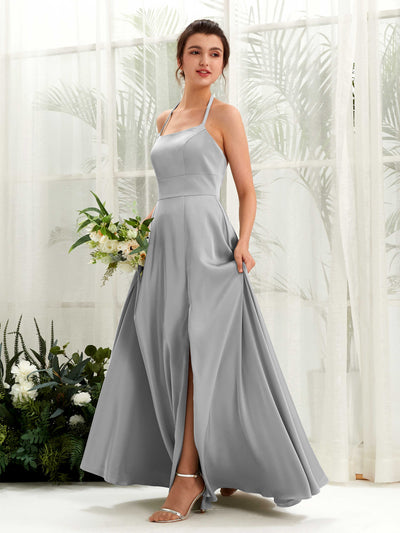 Carlyna Vestido Línea A Hasta el suelo Satén Cuello halter Dama de honor Gris Paloma #color_gris-paloma