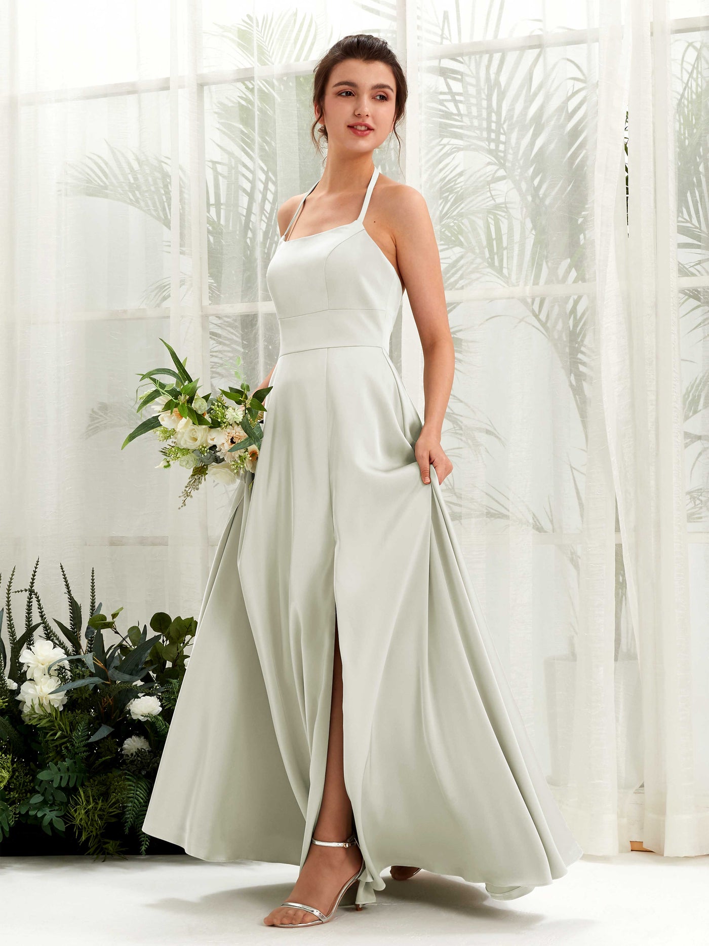 Carlyna Vestido Línea A Hasta el suelo Satén Cuello halter Dama de honor Marfil #color_marfil