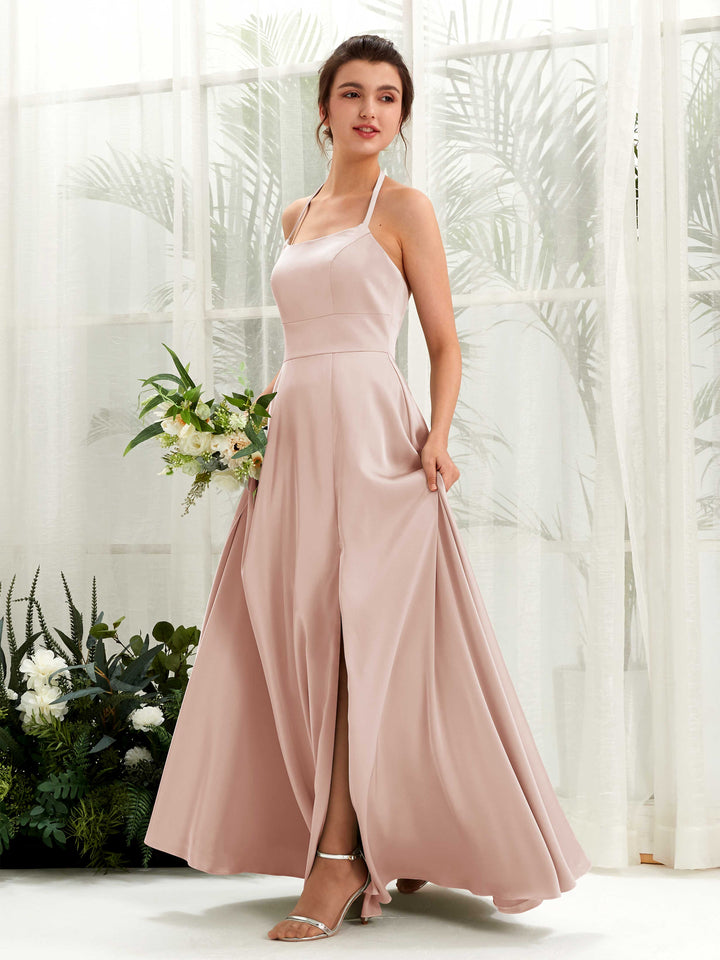 Carlyna Vestido Línea A Hasta el suelo Satén Cuello halter Dama de honor Rosa Perla 