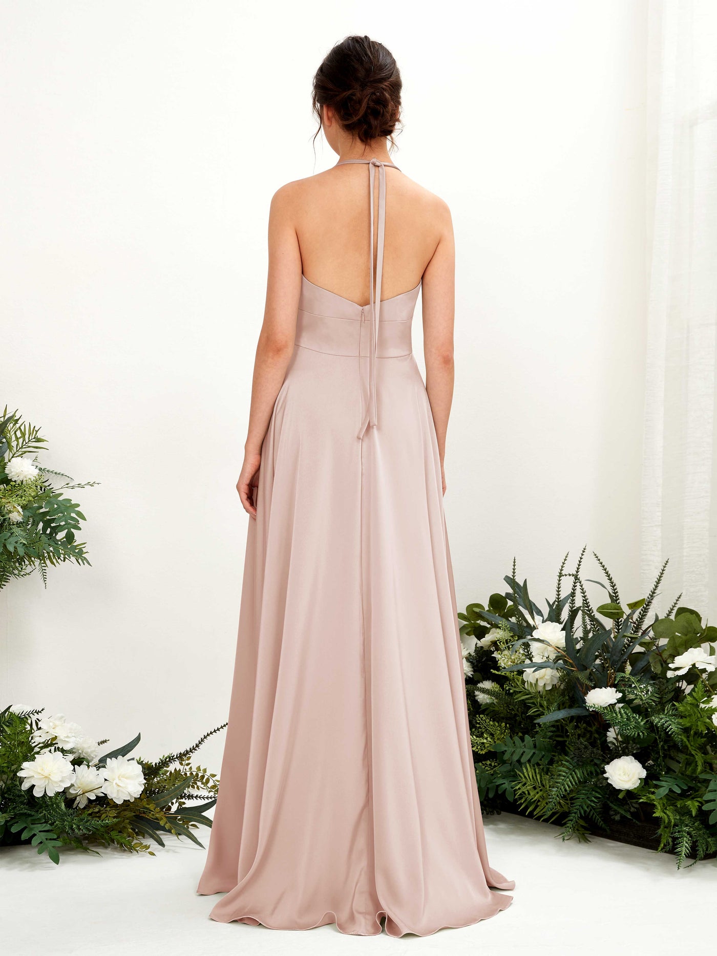 Carlyna Vestido Línea A Hasta el suelo Satén Cuello halter Dama de honor Rosa Perla #color_rosa-perla