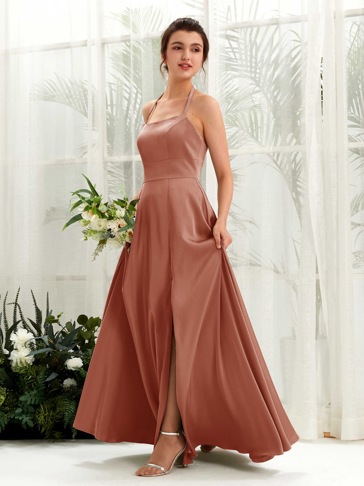 Carlyna Vestido Línea A Hasta el suelo Satén Cuello halter Dama de honor Siena Natural 