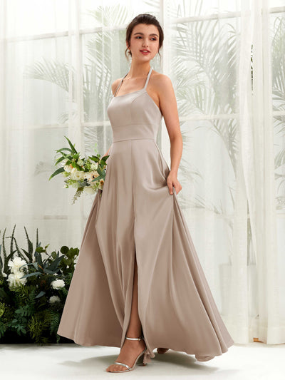 Carlyna Vestido Línea A Hasta el suelo Satén Cuello halter Dama de honor Taupe #color_taupe