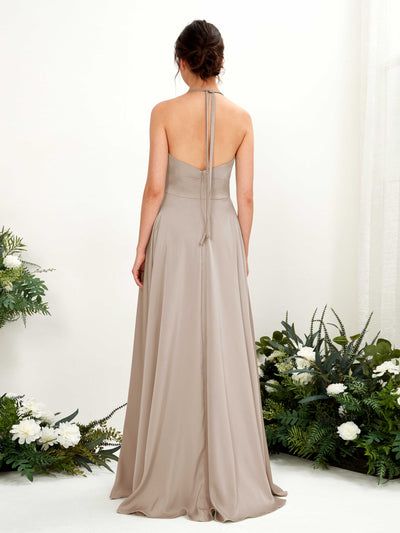 Carlyna Vestido Línea A Hasta el suelo Satén Cuello halter Dama de honor Taupe #color_taupe