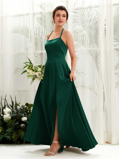 Carlyna Vestido Línea A Hasta el suelo Satén Cuello halter Dama de honor Verde Militer #color_verde-militer