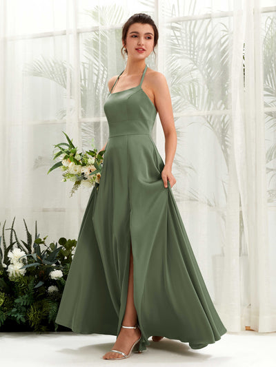 Carlyna Vestido Línea A Hasta el suelo Satén Cuello halter Dama de honor Verde Oliva #color_verde-oliva