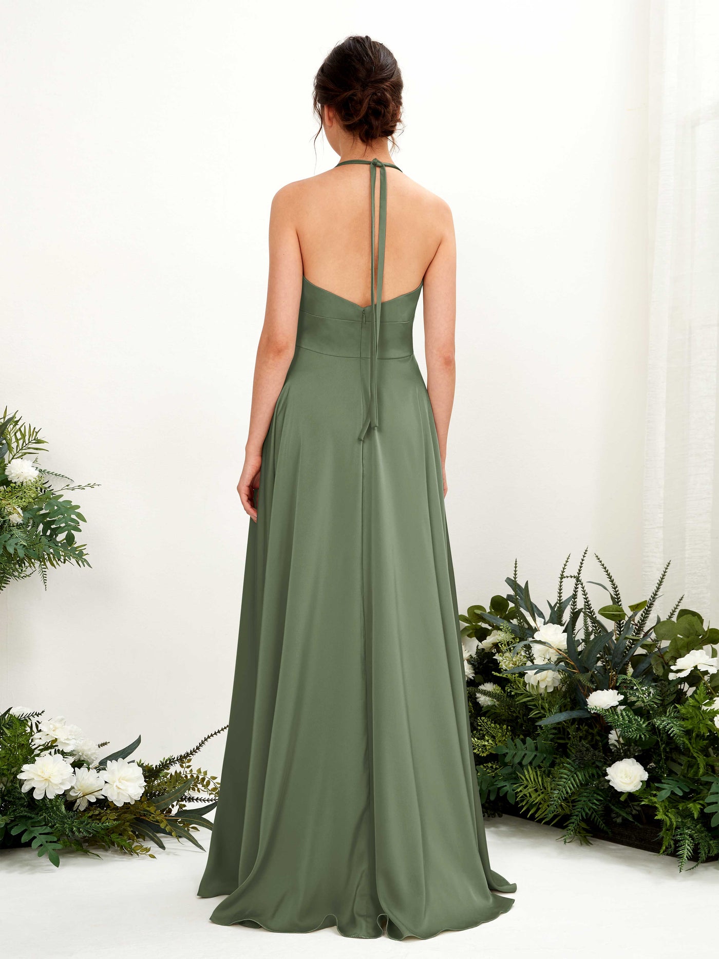 Carlyna Vestido Línea A Hasta el suelo Satén Cuello halter Dama de honor Verde Oliva #color_verde-oliva