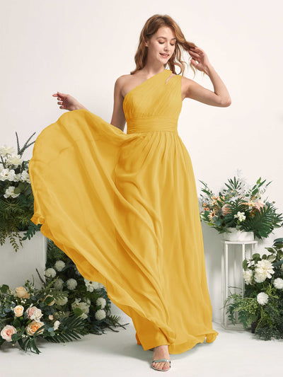 Carlyna Vestido Línea A Hasta el suelo Un Hombre Gasa Dama de honor Amarillo Mostaza #color_amarillo-mostaza