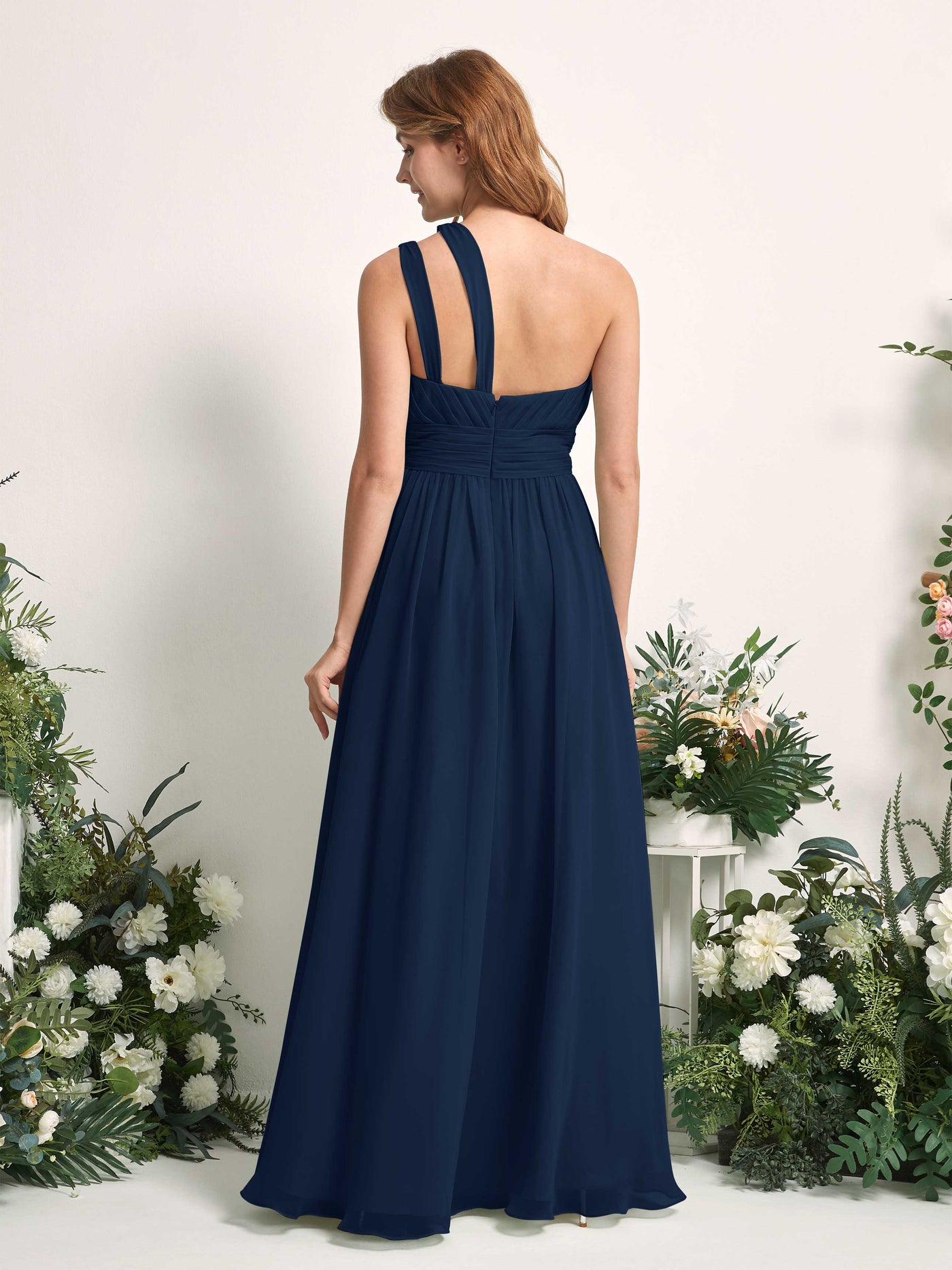 Carlyna Vestido Línea A Hasta el suelo Un Hombre Gasa Dama de honor Azul Marino #color_azul-marino